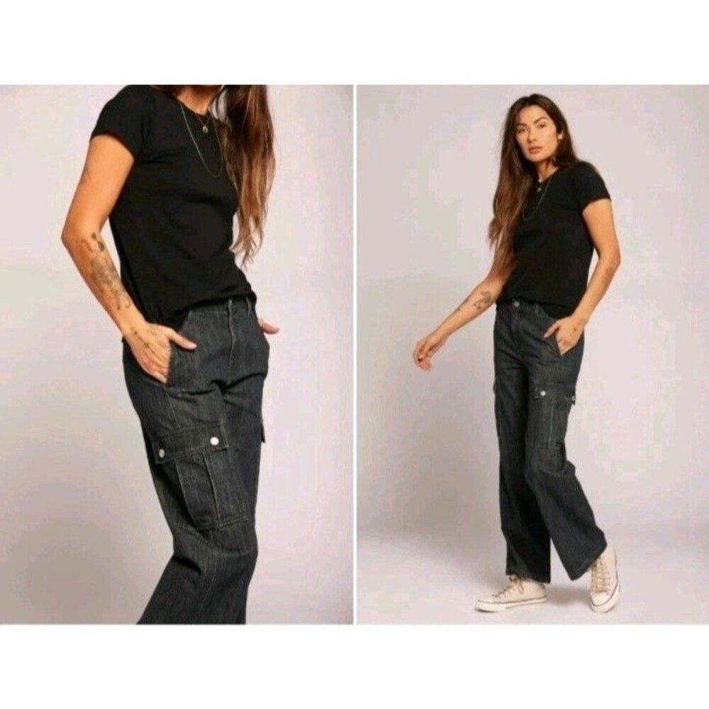 NEW Current Elliott The Kickstart Cargo Wide Leg Jeans Sz 28 Black Harbor Wash